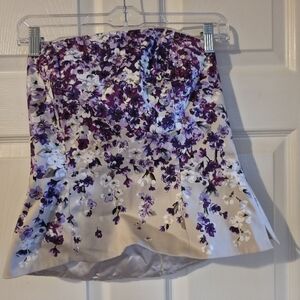 White House Black Market Cream Strapless Bustier Top with Purple Floral Design